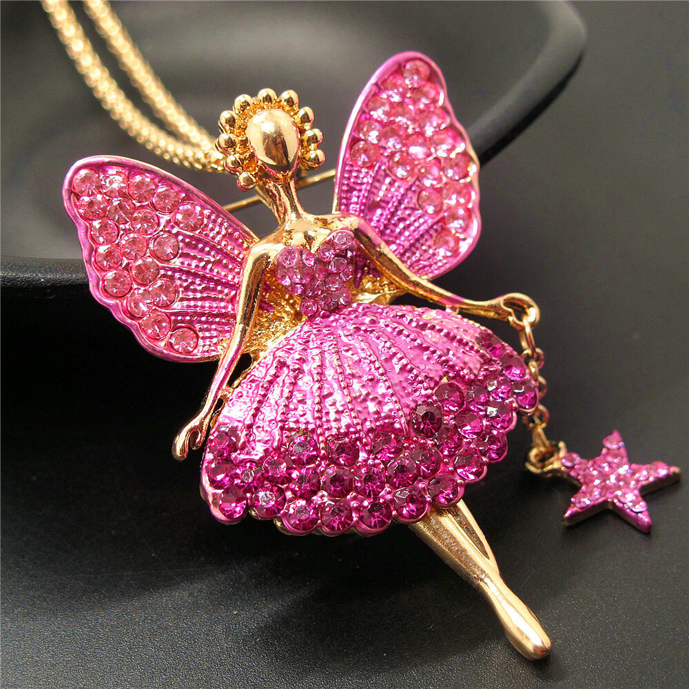 Fashion Women Rose Pink Star Crystal Ballet Girl Fairy Angel Wing Long Necklace