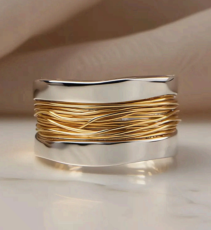 Two Tone Mixed Metal Wire Wrapped Statement Ring Wide Band