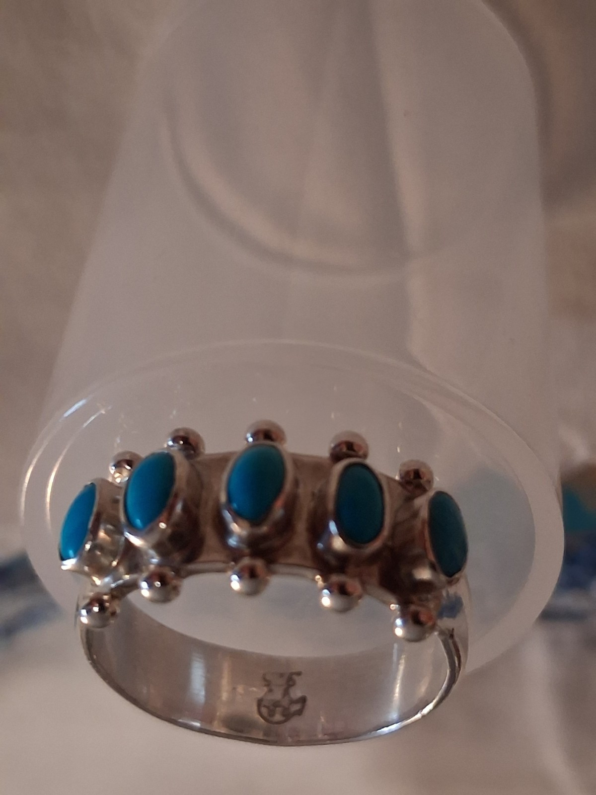 Silver Signed Silver Band Ring 5 Oval Blue Turquoise Stones Cluster Size 9