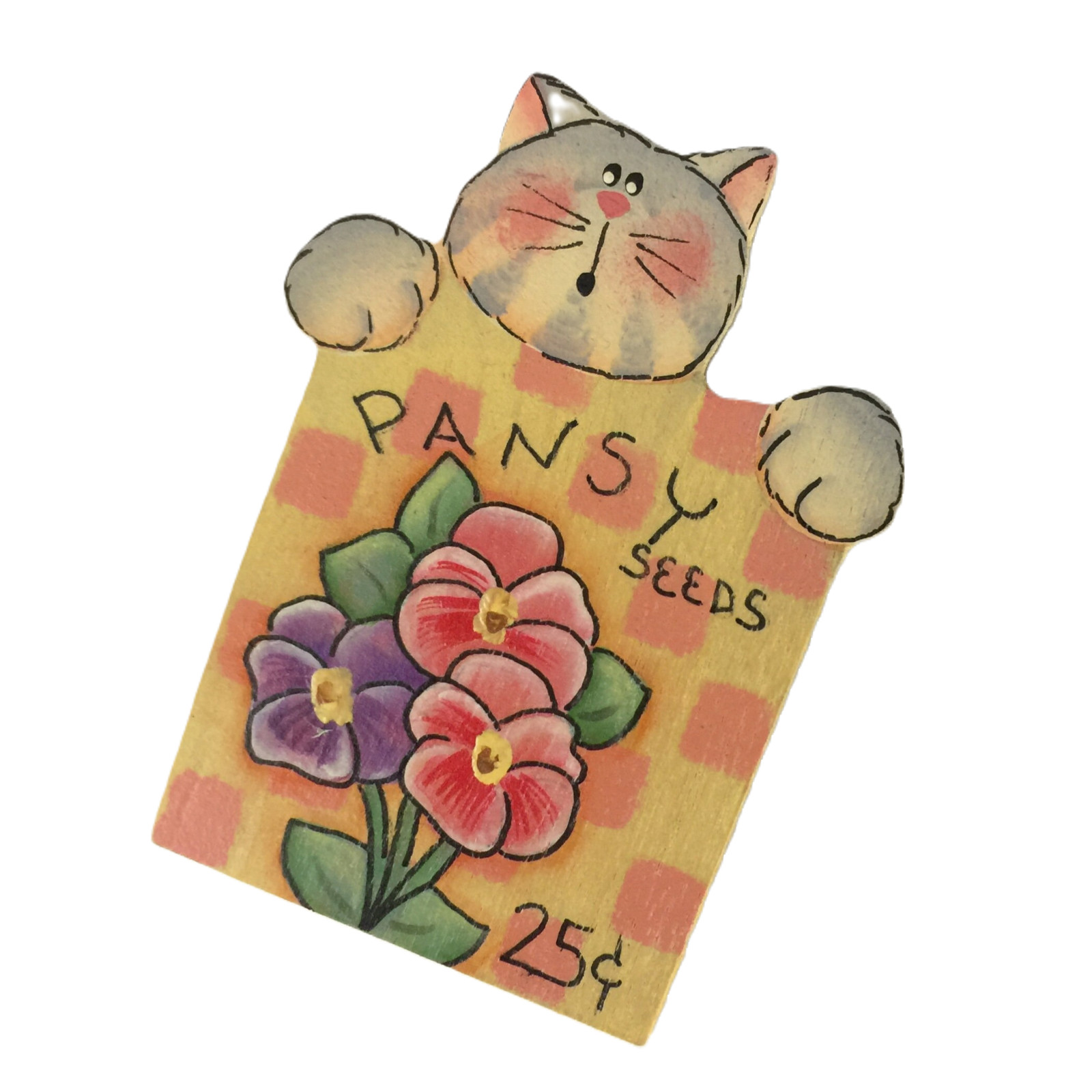 Wooden Brooch Pansy Seeds Cat Pin Flowers Hand Painted Locking Bar Pin Back VTG