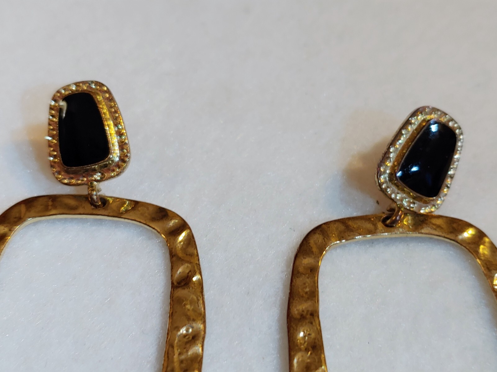 Gold tone black Enamel dangle – pierced earrings- 2 1/4 in Long x 1 3/8 in Wide