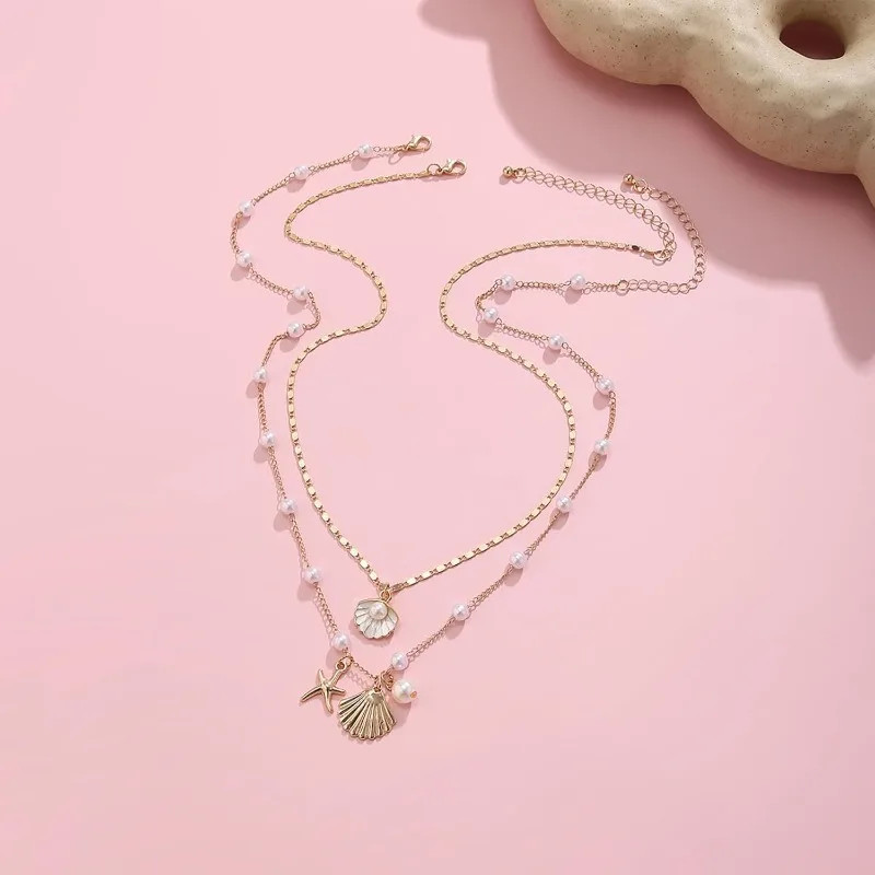 Gold Sea Shell Layer Charm Necklace for Women Boho Summer pearl Seashell Beach S