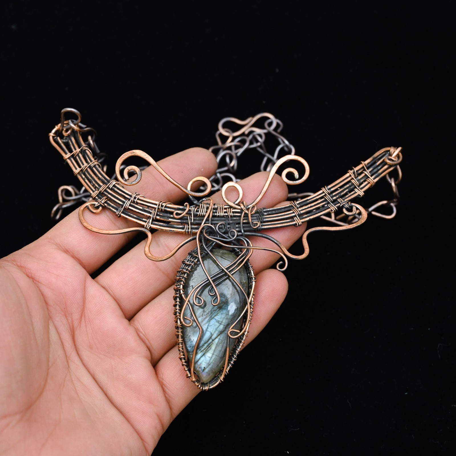 Copper Wire Wrapped Labradorite Pendant Necklace Artisan Handcrafted Necklace
