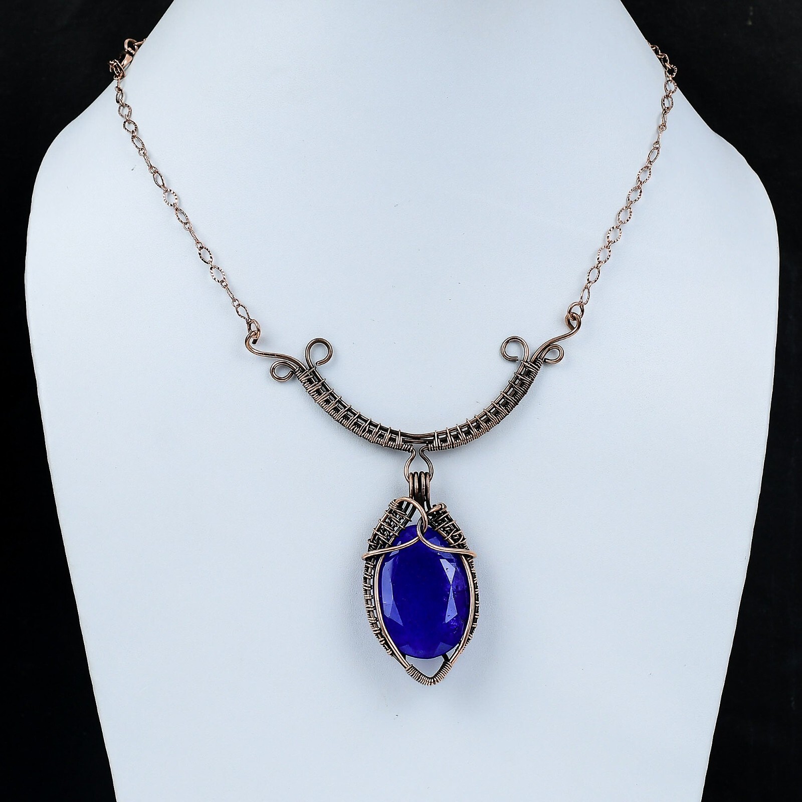 Blue Saphire Wire Wrapped Necklace Adjustable Handcrafted Copper Holiday 18.0″