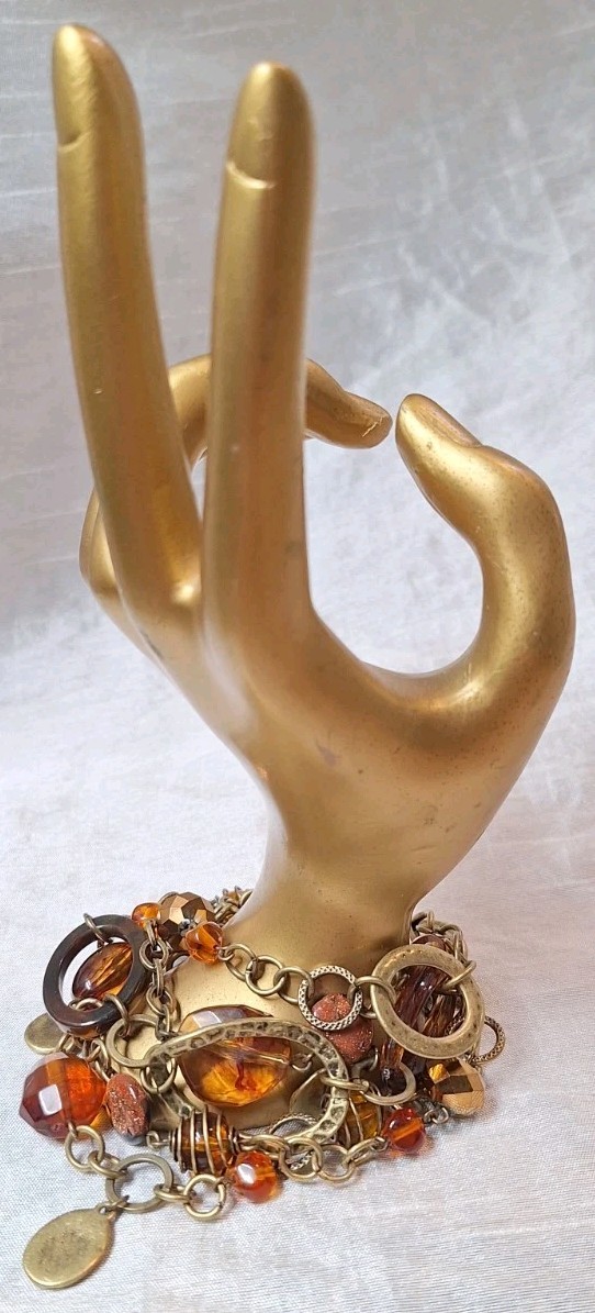 Premier Designs Hammered Bronzetone Faux Amber Bead Wide 5-Chain Toggle Bracelet