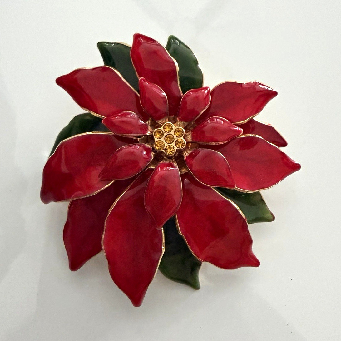 Vintage Red & Green Enamel Flower Brooch Pin, Gold Tone Metal with Crystals
