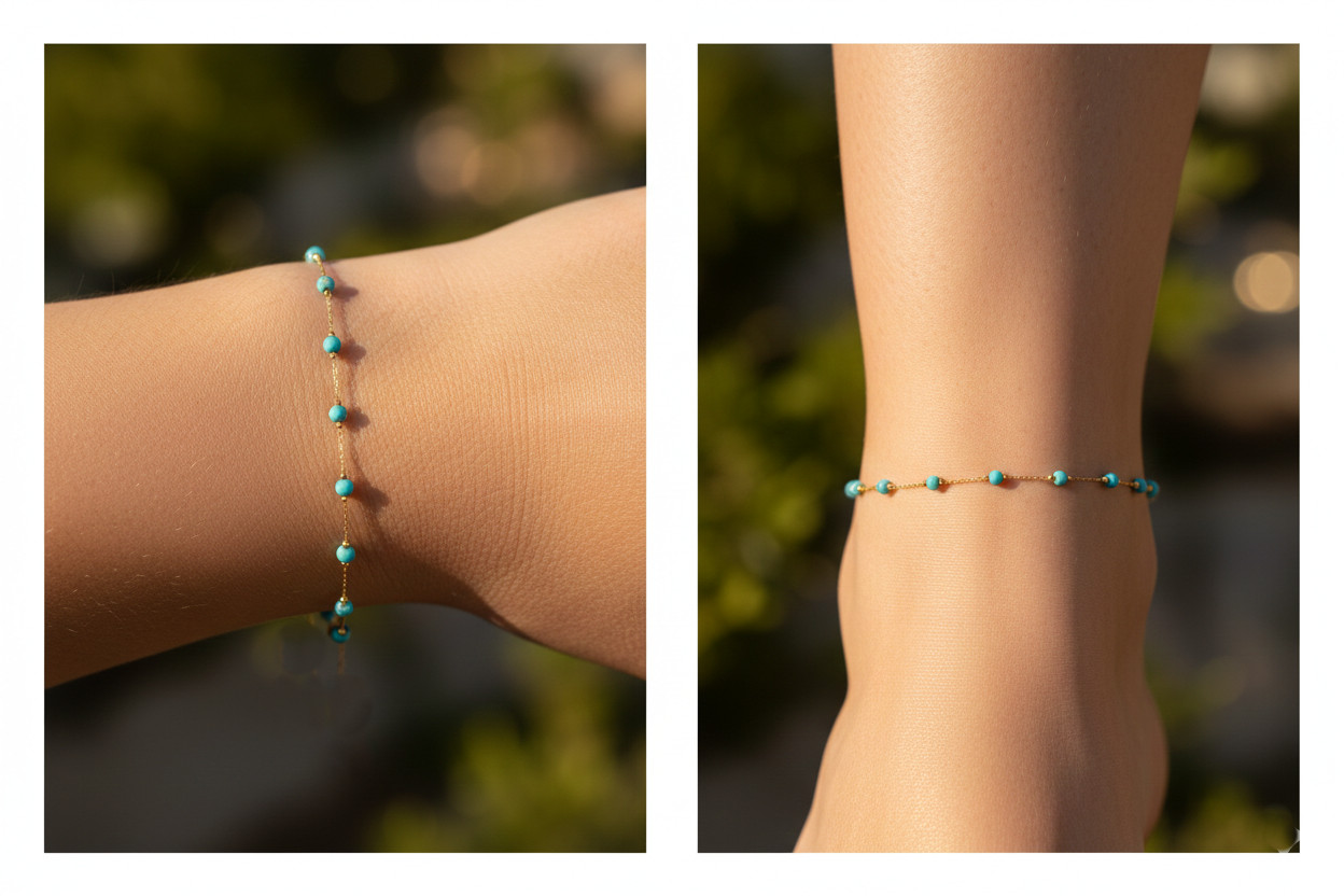 Minimalist Turquoise Beaded Bracelet 18K Gold Tone Brass Chain Bracelet