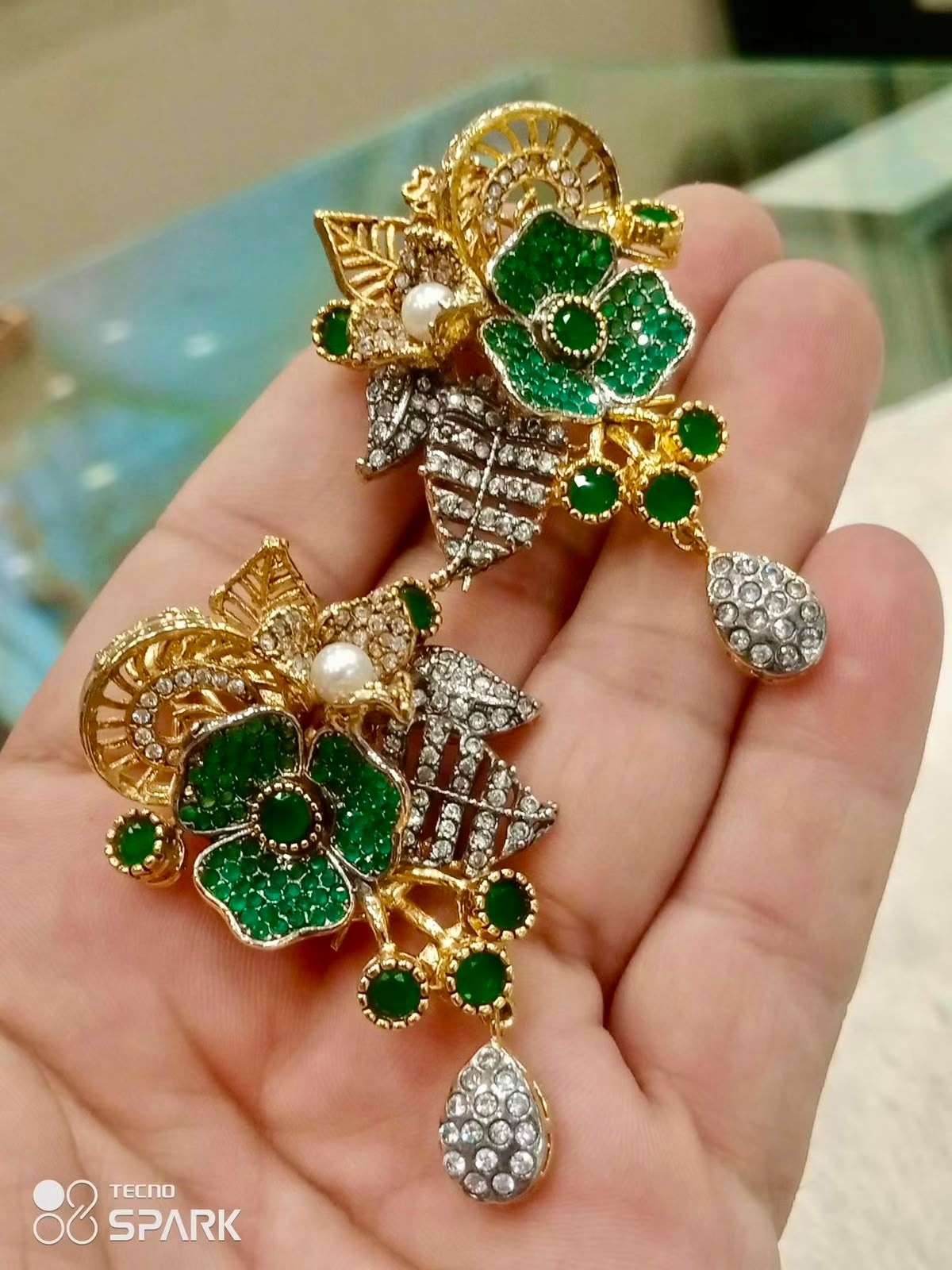 Pakistani Gold Plated Green Crystal Bridal Earring Flower Dangle Wedding Jewelry