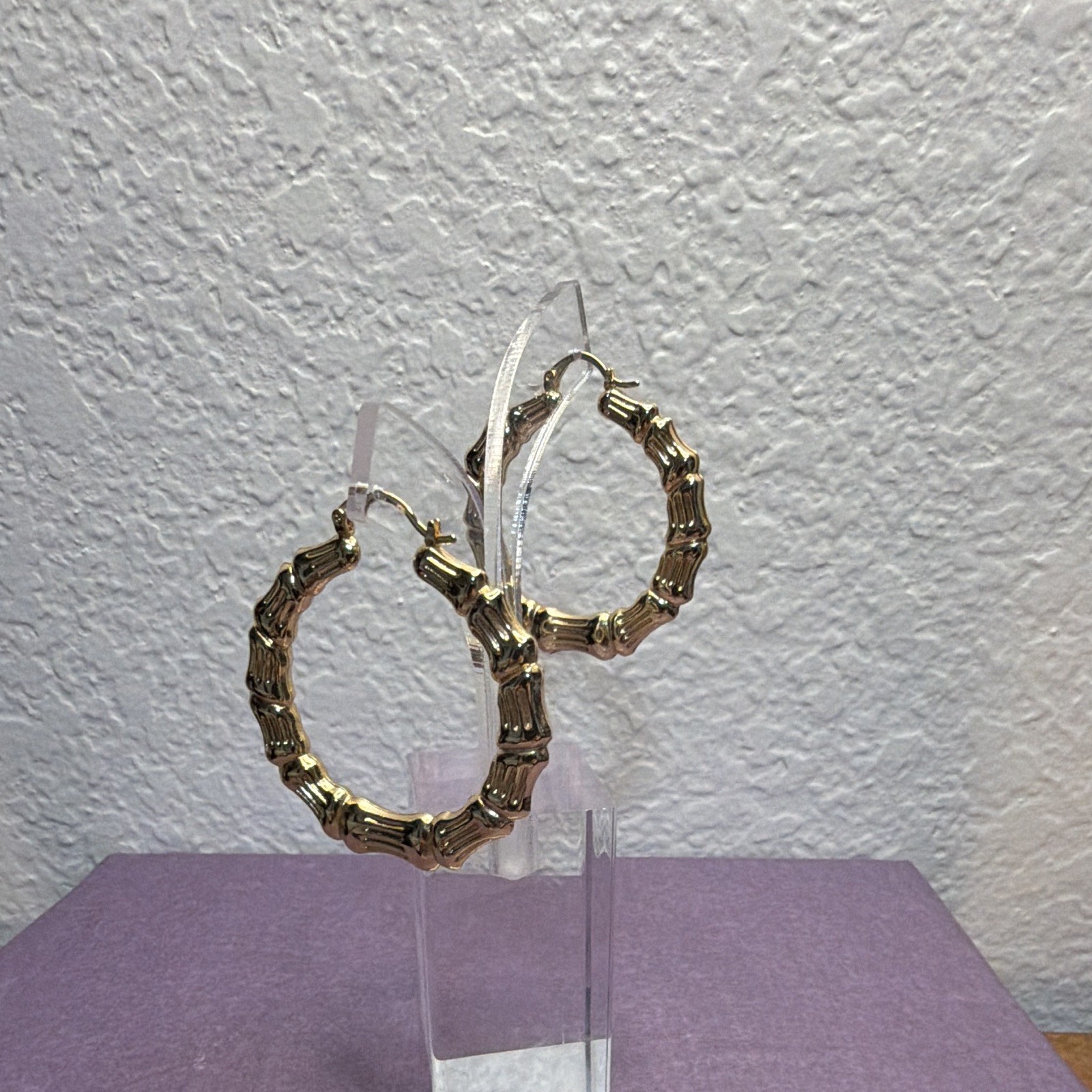Gold Tone Textured Round Hoop Earrings Latch Back Metal No Stone