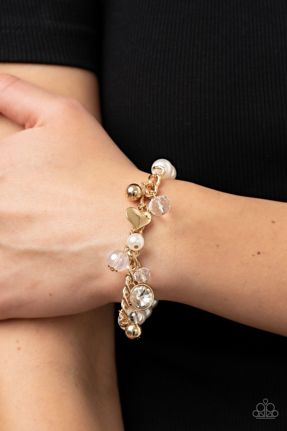 Adorningly Admirable Bracelet gold beads white pearls hearts stretchy