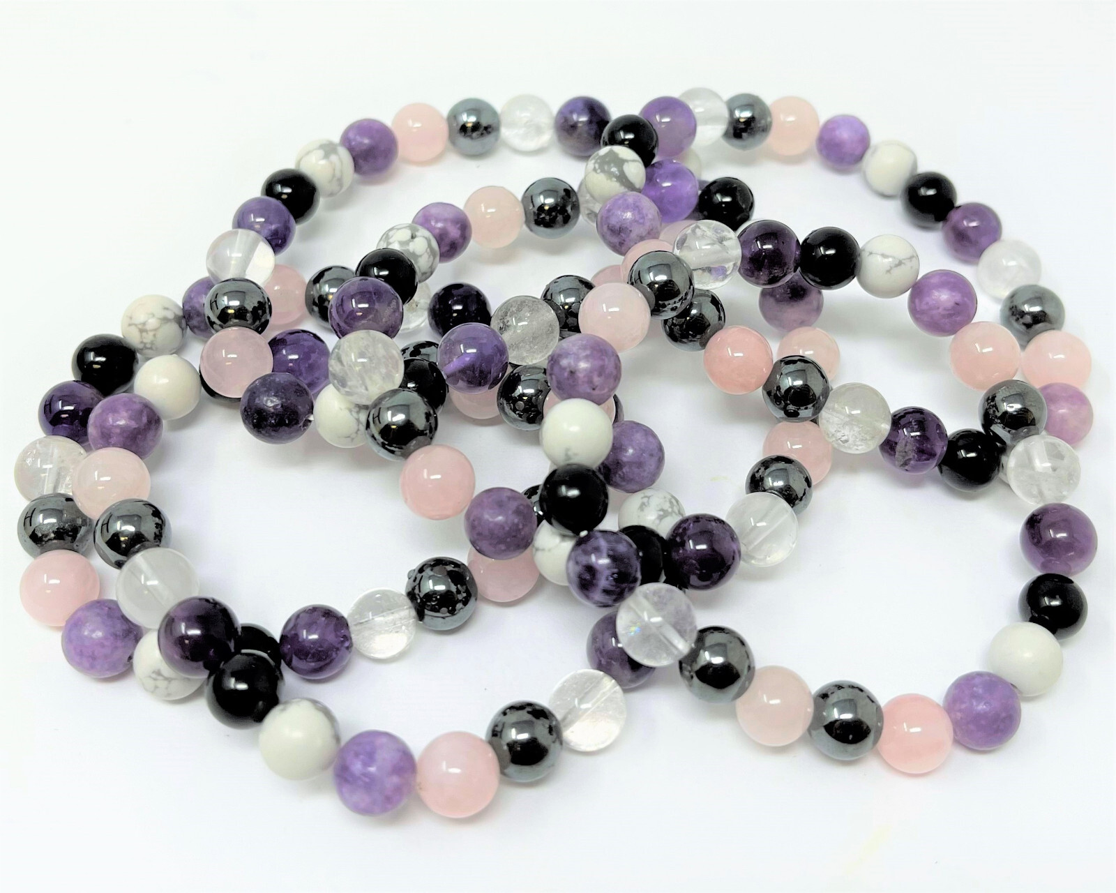 Stress Relief Bracelet: 8 mm Crystal Beads (Amethyst, Rose Quartz, Lepidolite)
