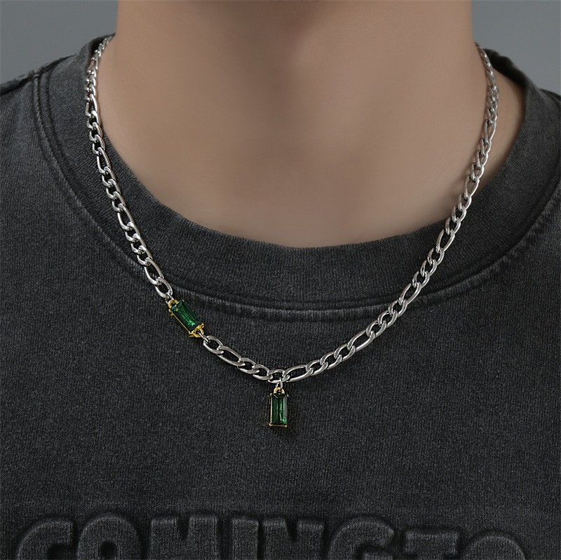 Silver Stainless Steel Figaro Chain Necklace Rectangle Green Zirconia Jewelry