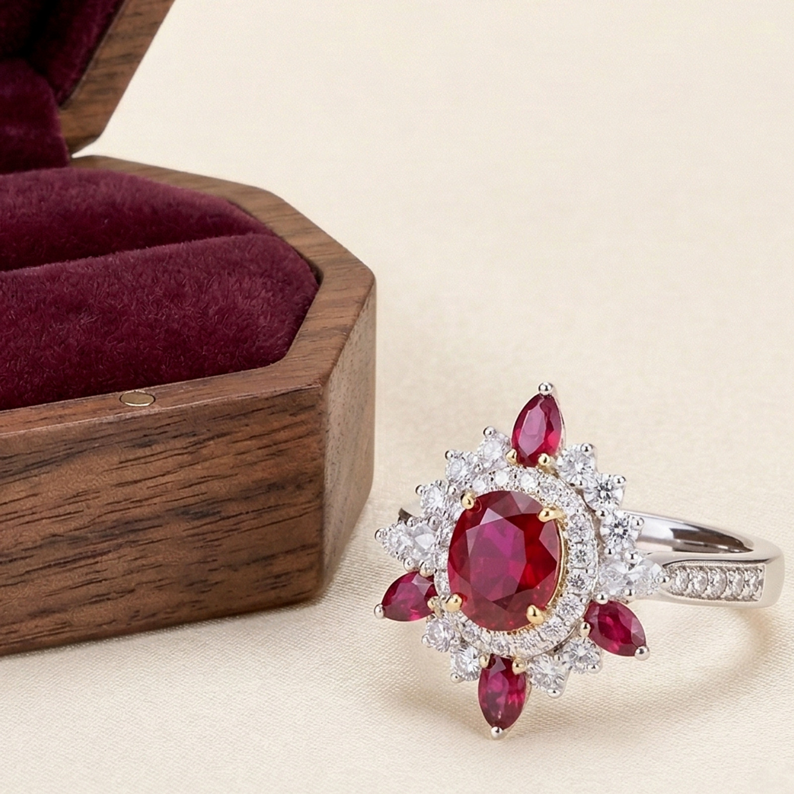 Natural Oval Ruby and CZ Halo Ring, Sterling Silver Statement Band