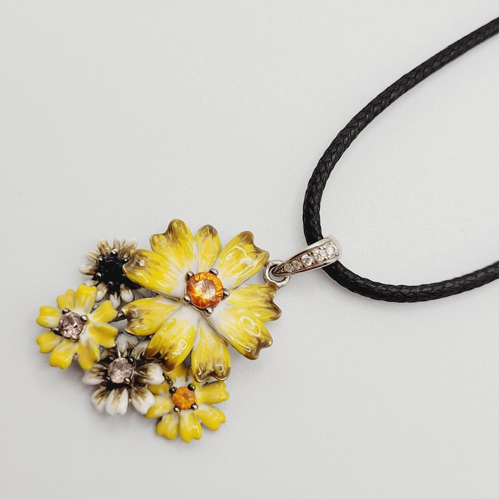 Yellow Flower Floral Bouquet Cluster 925 Pendant Black Cord Necklace 19 Inch
