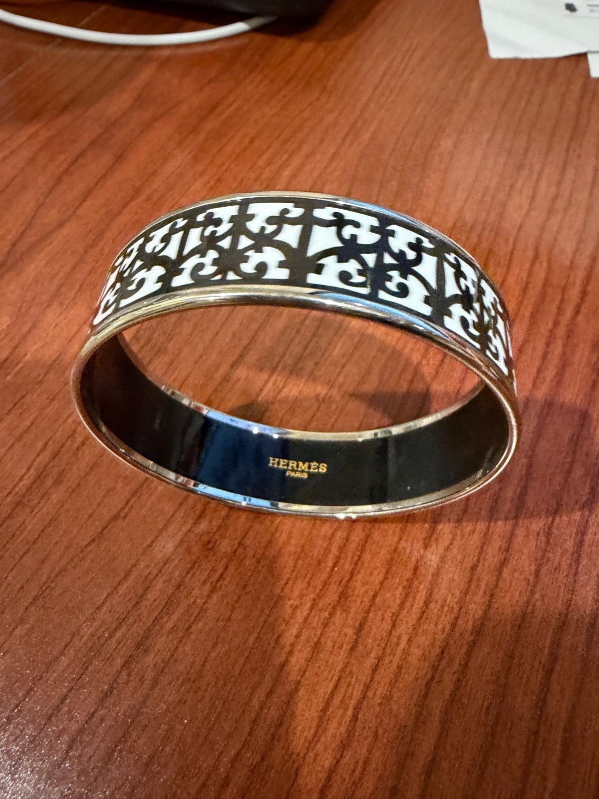 Hermes Bangle Bracelet Black & White Enamel Guadalquivir Silver Rim