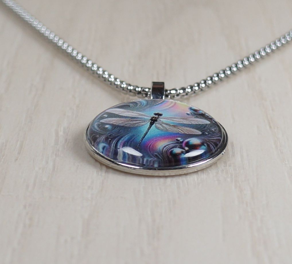 Intricate Blue 2-D Dragonfly Boho Pendant, Stainless Steel Necklace
