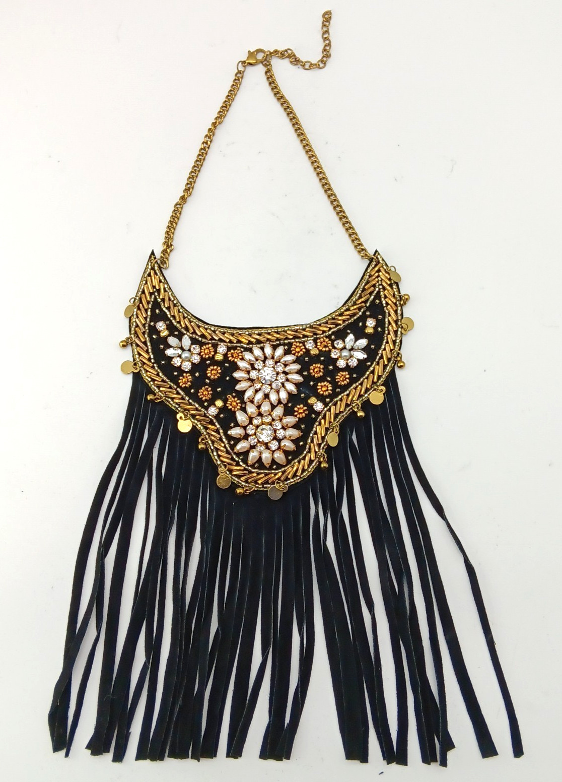 Black Tassles Fashion Necklace Bib With Rhinestones Beaded Gold & Pearl Accents