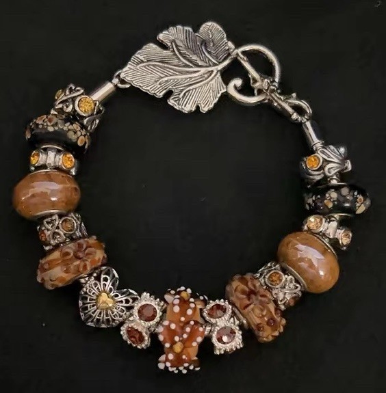 European Slider Charm Bracelet Murano Glass Brown Silver Gold Huge Flowers Heart