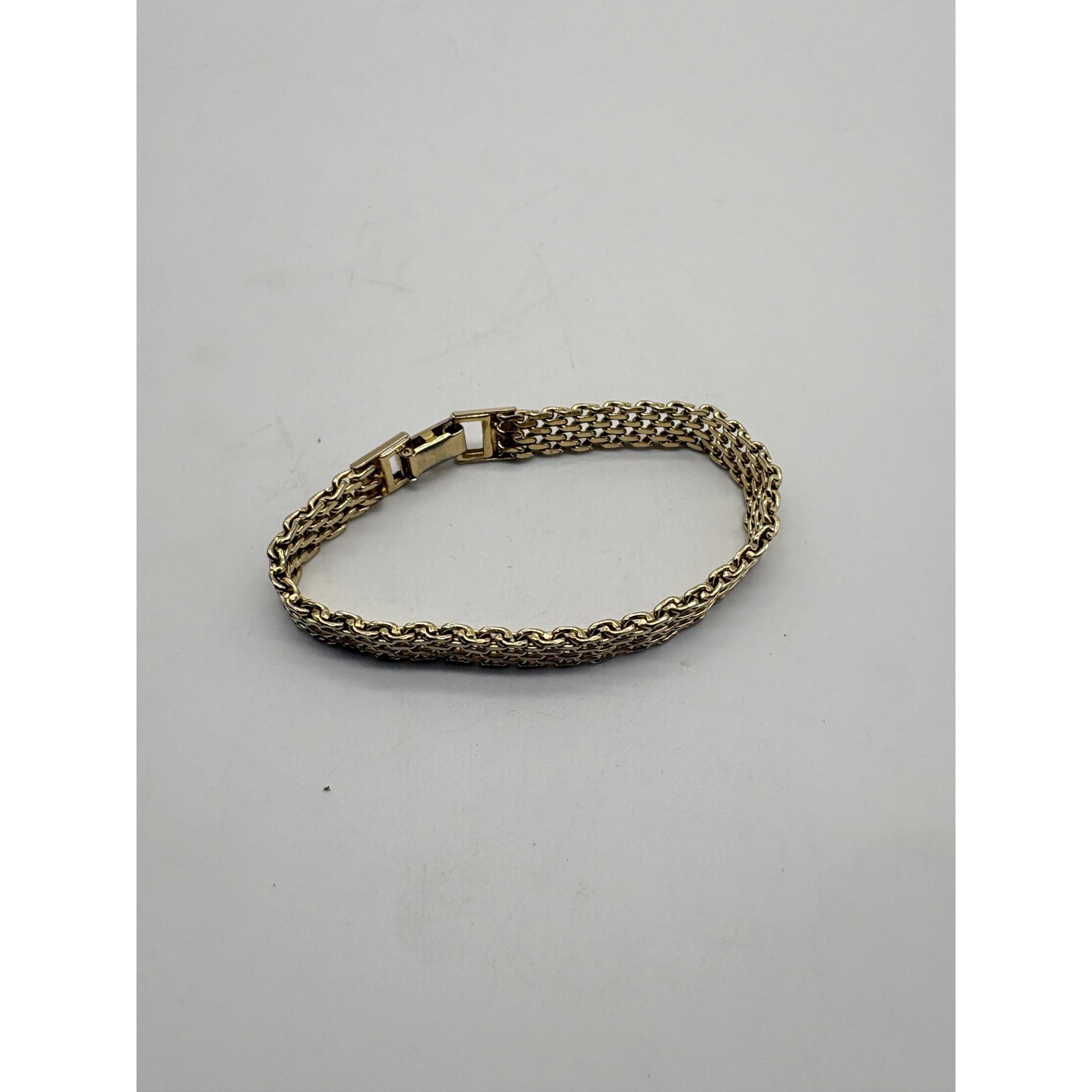 Vintage Gold Tone Multi Strand Mesh Chain Bracelet 7.25 Inch Fold Over Clasp