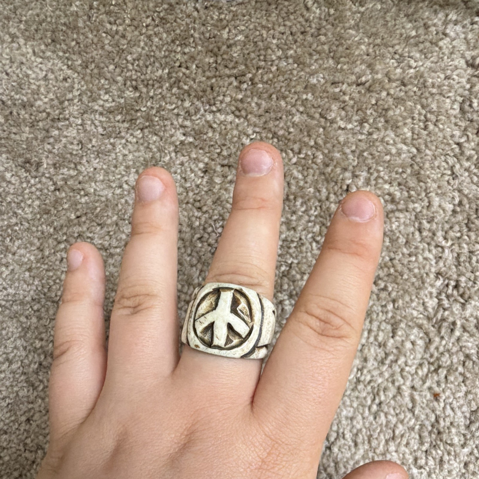 Wood Peace Sign Band Ring Brown & White Size 11 18mm Wide No Stone