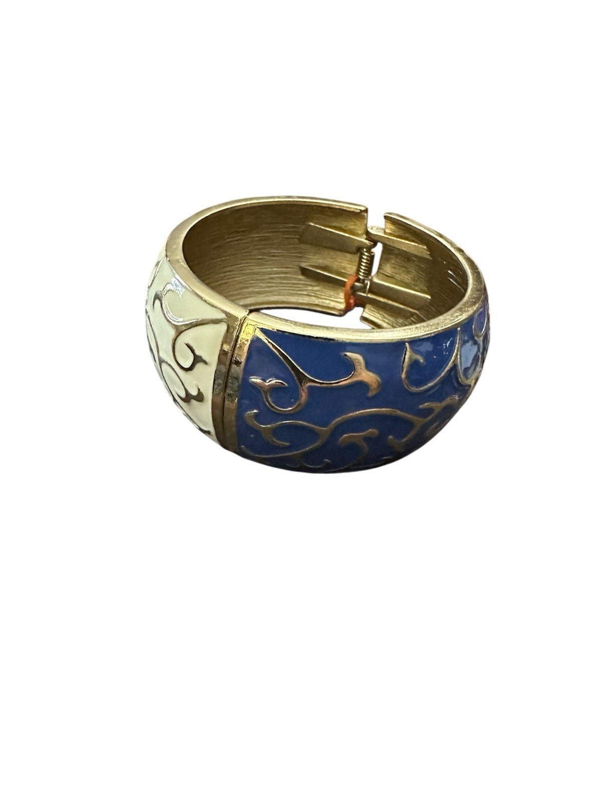 Wide Half Blue And Ivory Enamel Gold Tone Swirl Design Cuff Bracelet