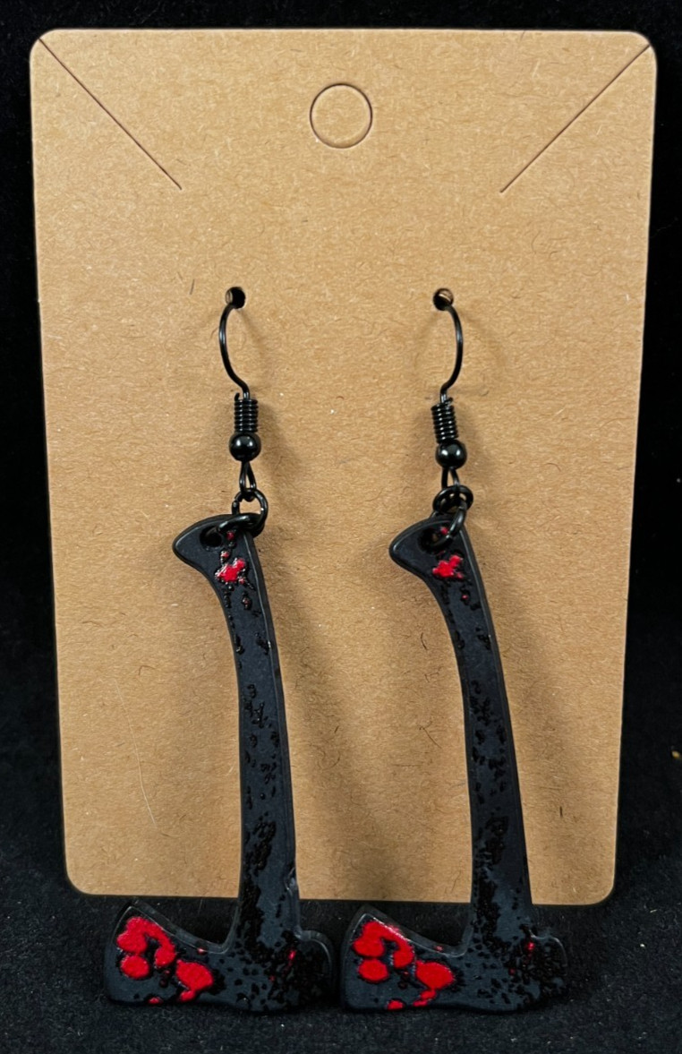 Bloody Axe Earrings – Dangle – Black Hooks – Serial Killer – Halloween -Handmade