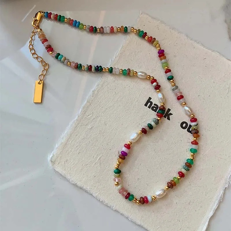 Premium Assorted Gemstone Rainbow Women Necklace Natural Freshwater pearl Choker