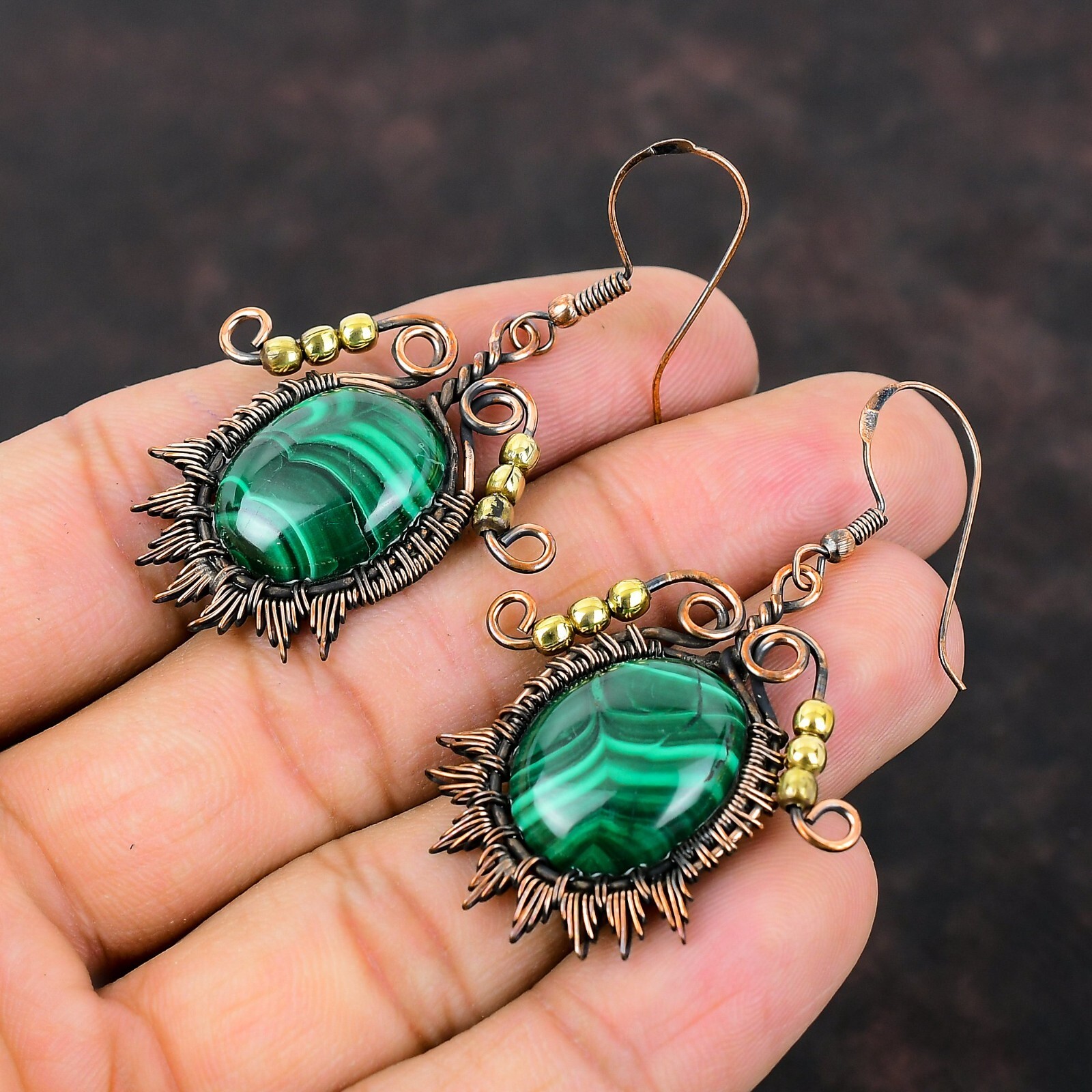 Malachite Wire Wrapped Drop/Dangle Earrings Copper Jewelry For Women 2.24″