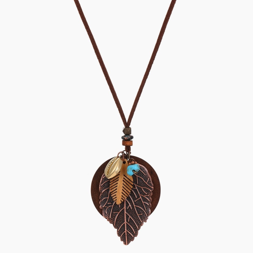 Boho Fashion Alloy Wood Turquoise Multi Combination Pendant PU Cord Necklace set