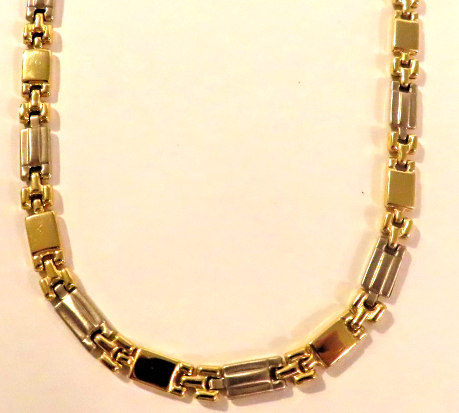 REAL 18k Yellow & White Gold fancy Unique Bar Link Chain Necklace 18″ HEAVY