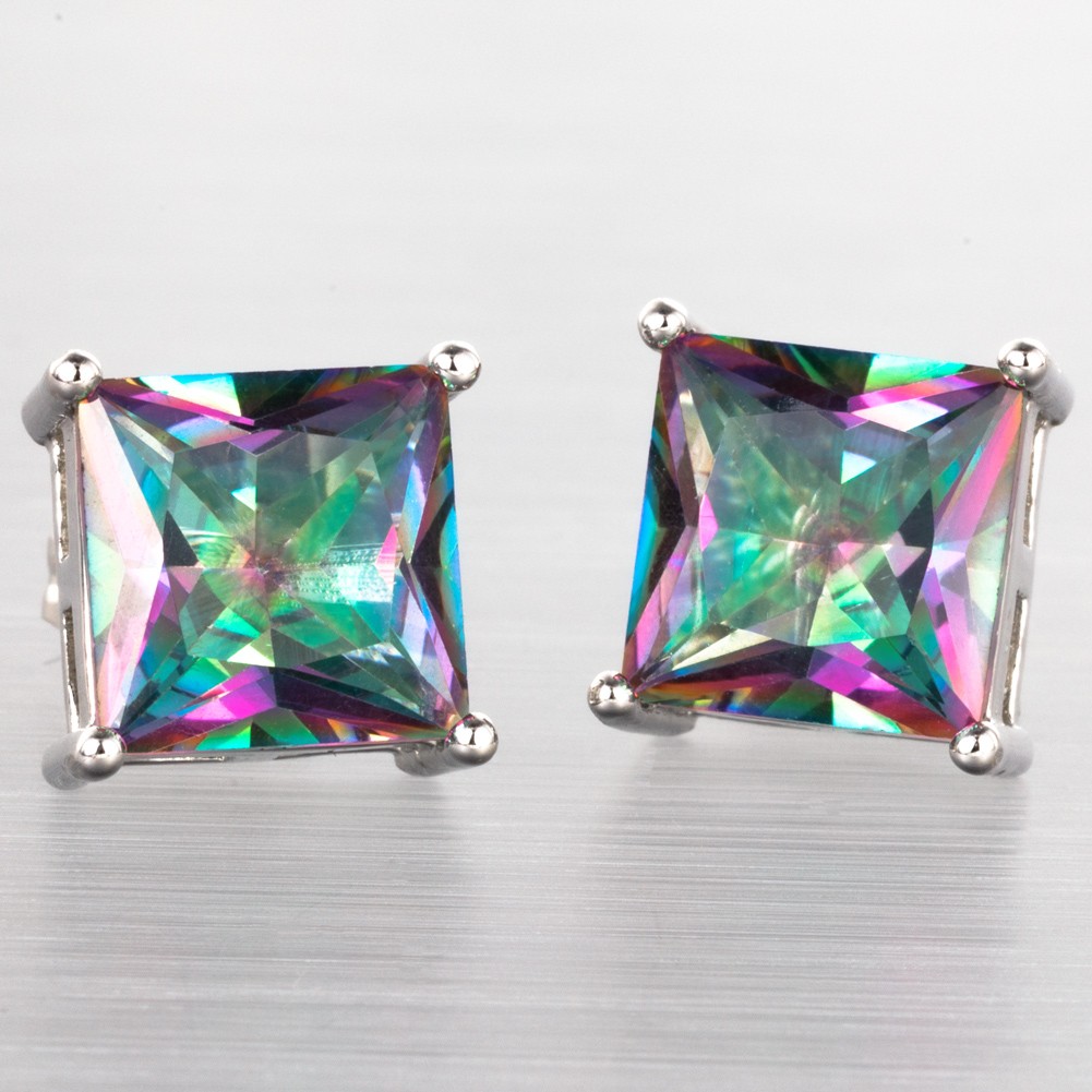 8×8 Princess Cut Rainbow Mystic Topaz Silver Jewelry Stud Pierced Earrings