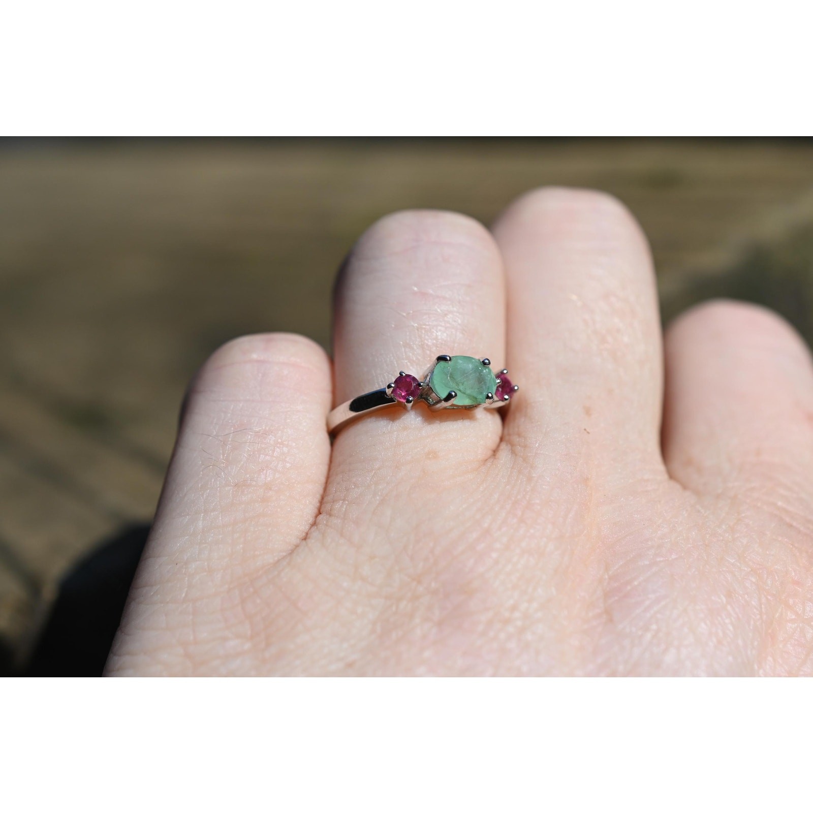 Emerald and ruby engagement ring size 7 in 925 sterling silver