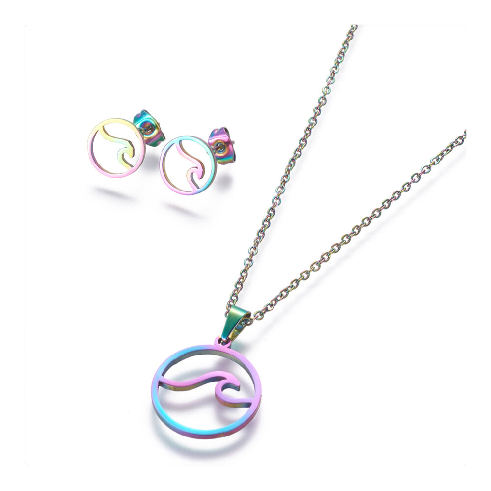 Stainless Steel Set Stud Earring Pendant Necklace Flat Round 17.7″ 0.8mm P474