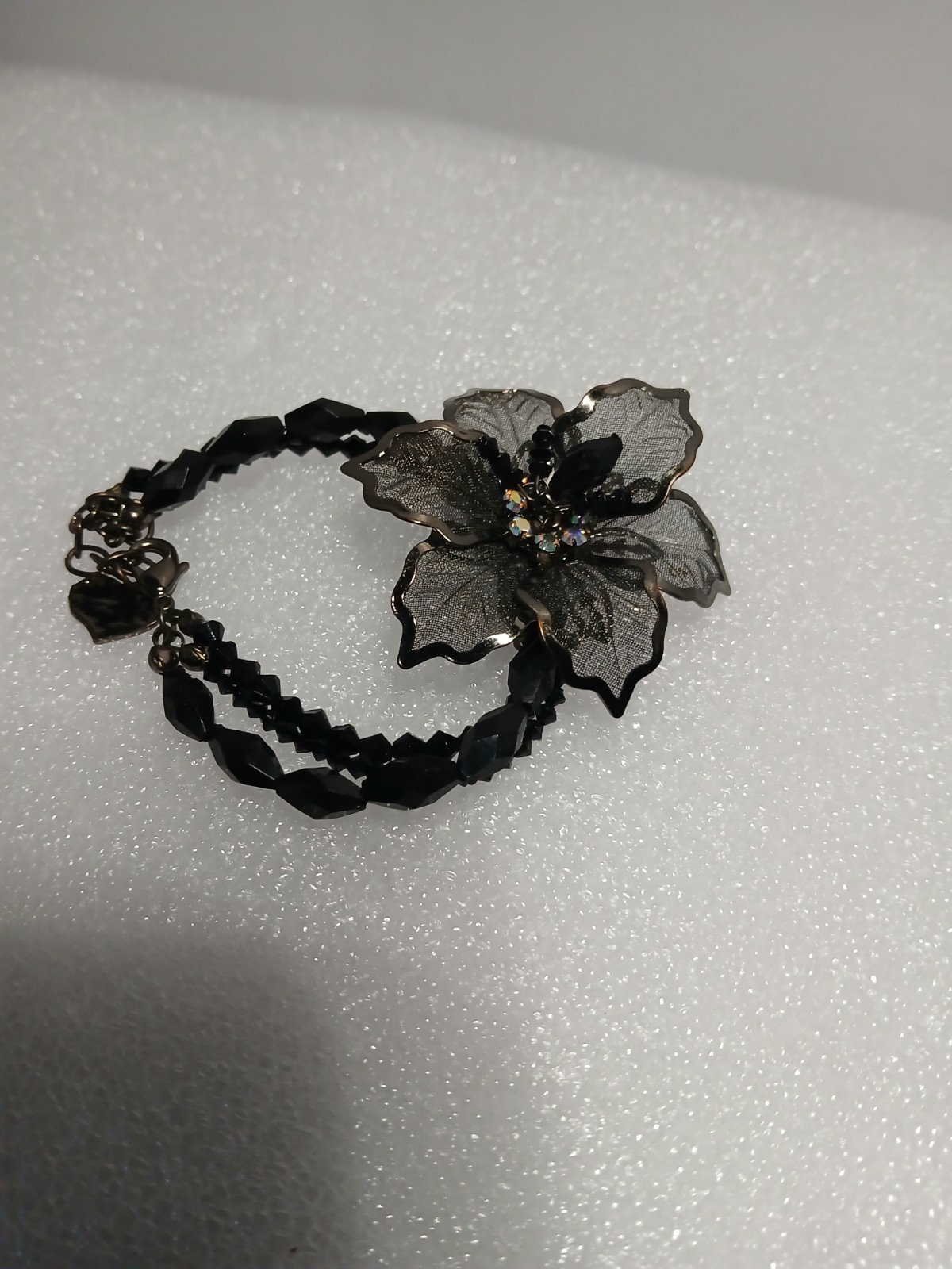 Black Beaded Three Strand Bracelet Mesh Flower Heart Charm Julie Boho Statement