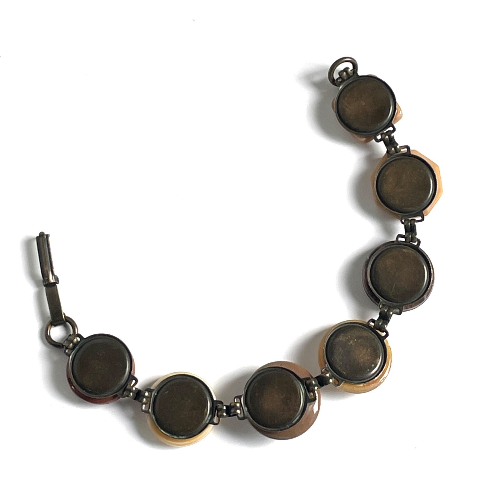 6.5″ Bronze & Celluloid Button Bracelet Vintage Buttons Flat Clasp