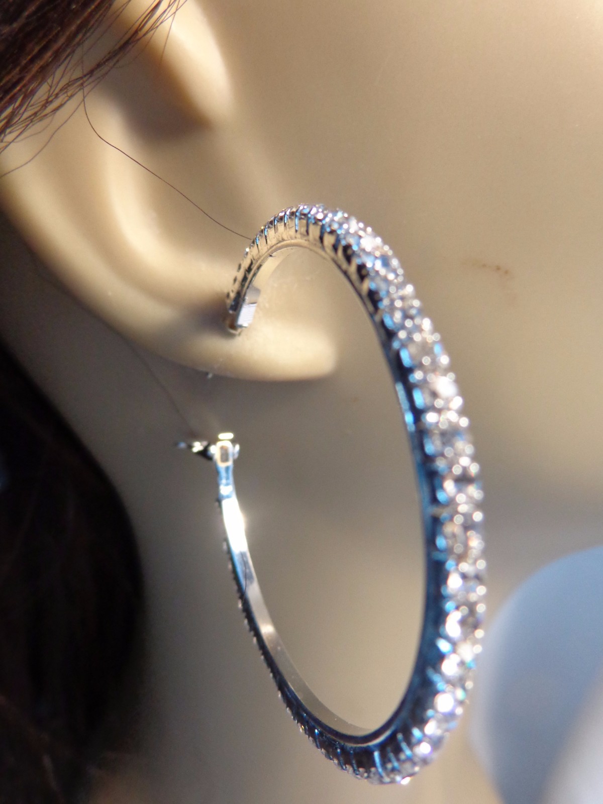 CRYSTAL RHINESTONE HOOP EARRINGS SILVER TONE PLATED HOOPS 1.75 inch
