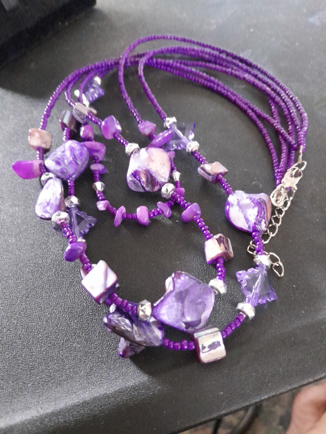 Purple Beaded And Dye Shell Three Strands Necklace