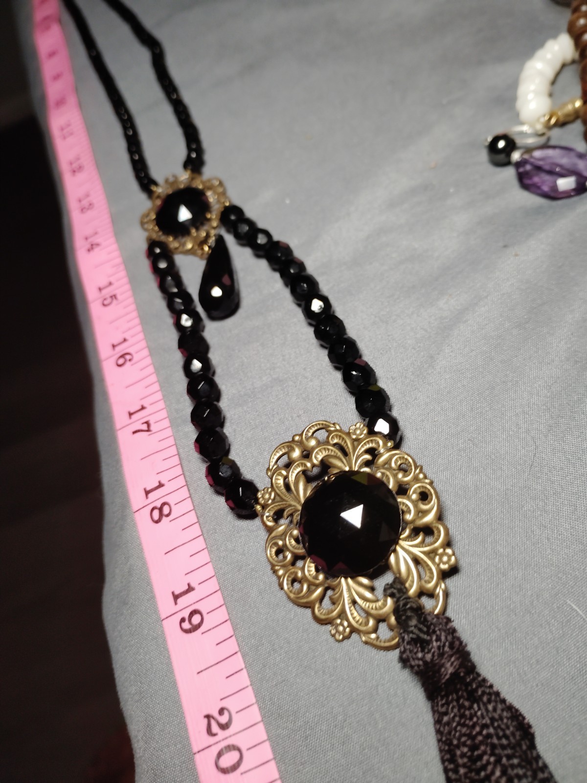 Victorian Revival Black Faceted Bead Multi Strand Tassel Necklace Gold Tone