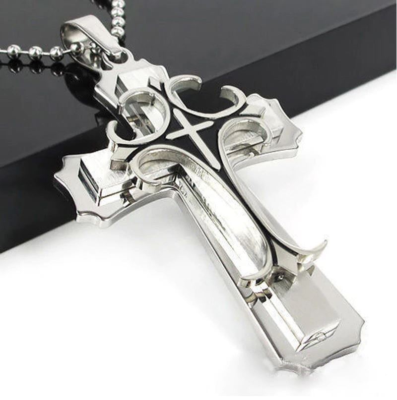 Cross Pendant Necklace Stainless Steel Crucifix Cuban Gold Black Men Unisex