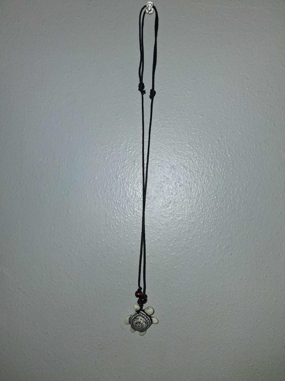 White Turtle Charm Pendant Necklace Black Adjustable Cord No Clasp