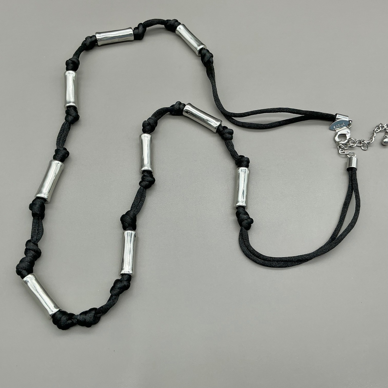 Chicos Necklace Women Silver Tone Black Cord Knotted Tube Bead Adjustable 30 In