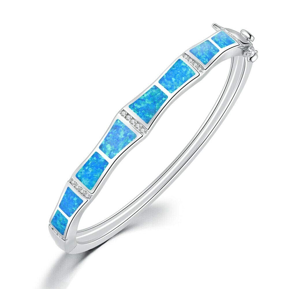 Hawaii Blue Opal Bar Cuff Bangles 925 Sterling Sliver Jewelry For Women Girls