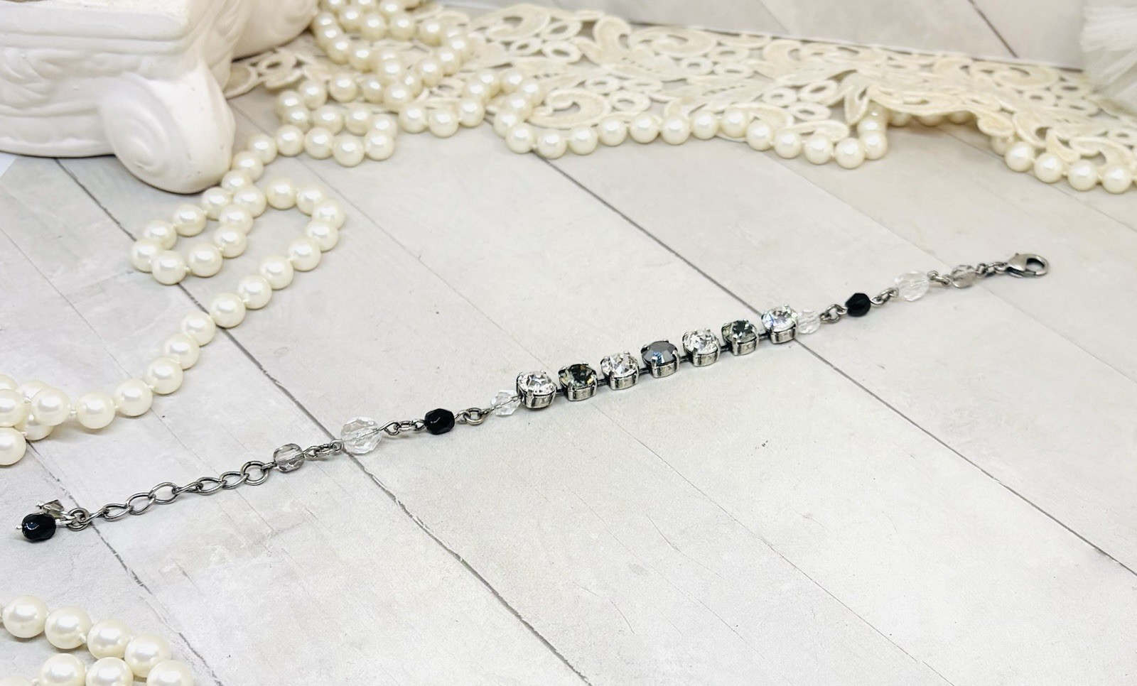 8mm Antique Silver Plated Beaded Black And Gray Tennis Cup Chain Bracelet