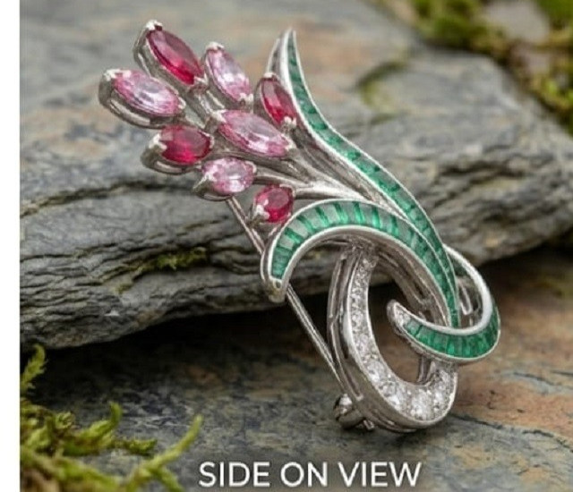 13ct Style Simulated Ruby Emerald Pink Sapphire Flower Bouquet Brooch Pin 62mm