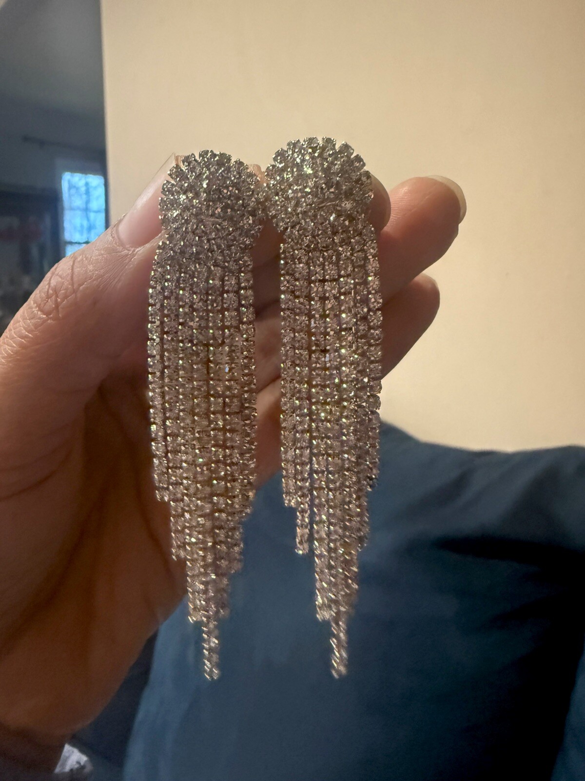 Clip On Clear Rhinestone Earrings Silver Bridal Wedding Long Dangle Pageant
