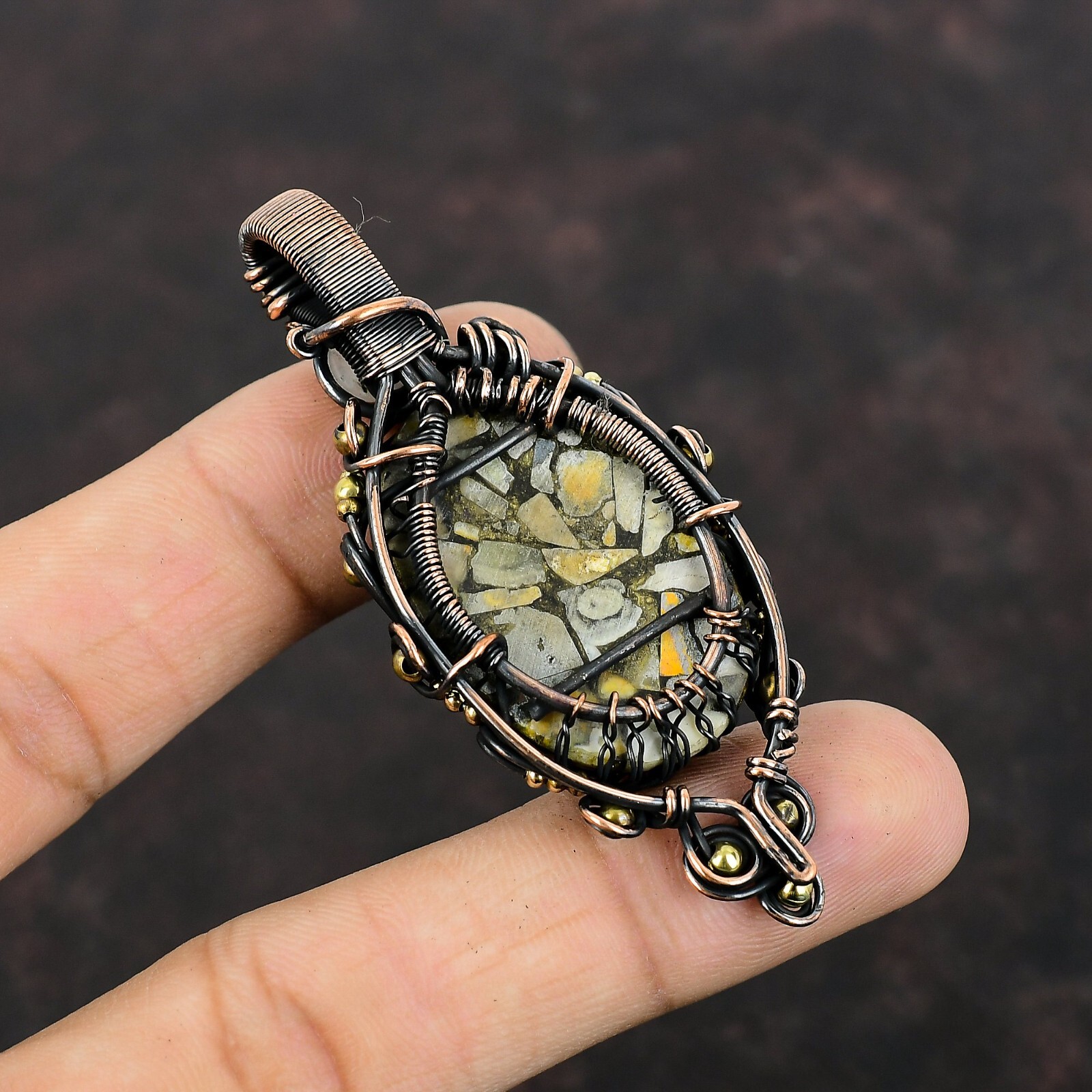 Bumble Bee Jasper Copper Gift For Friend Wire Wrapped Tree Of Life Pendant 2.76″