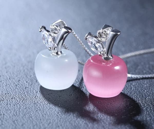 Apple Crystal Pendant Necklace Silver Chain Teacher Gift Fruit Charm Jewelry