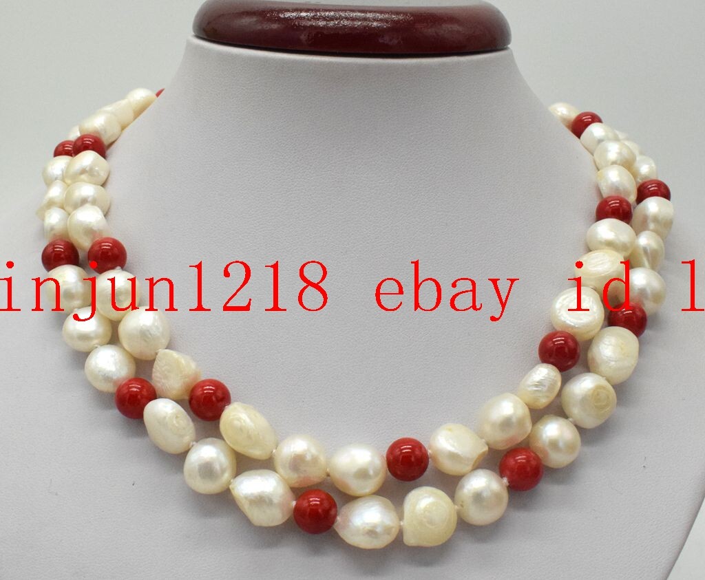 2 Row Pretty 8-9mm Baroque White Pearl&8mm South Sea Red Coral Necklace 18-19”