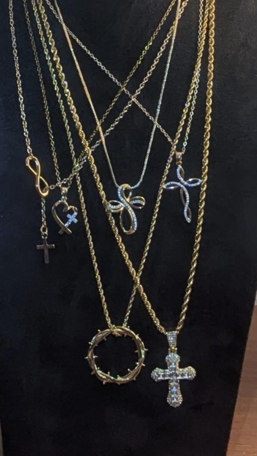 6 Gold Tone Christian Cross and Crown Synthetic Gemstone Necklace & Pendants