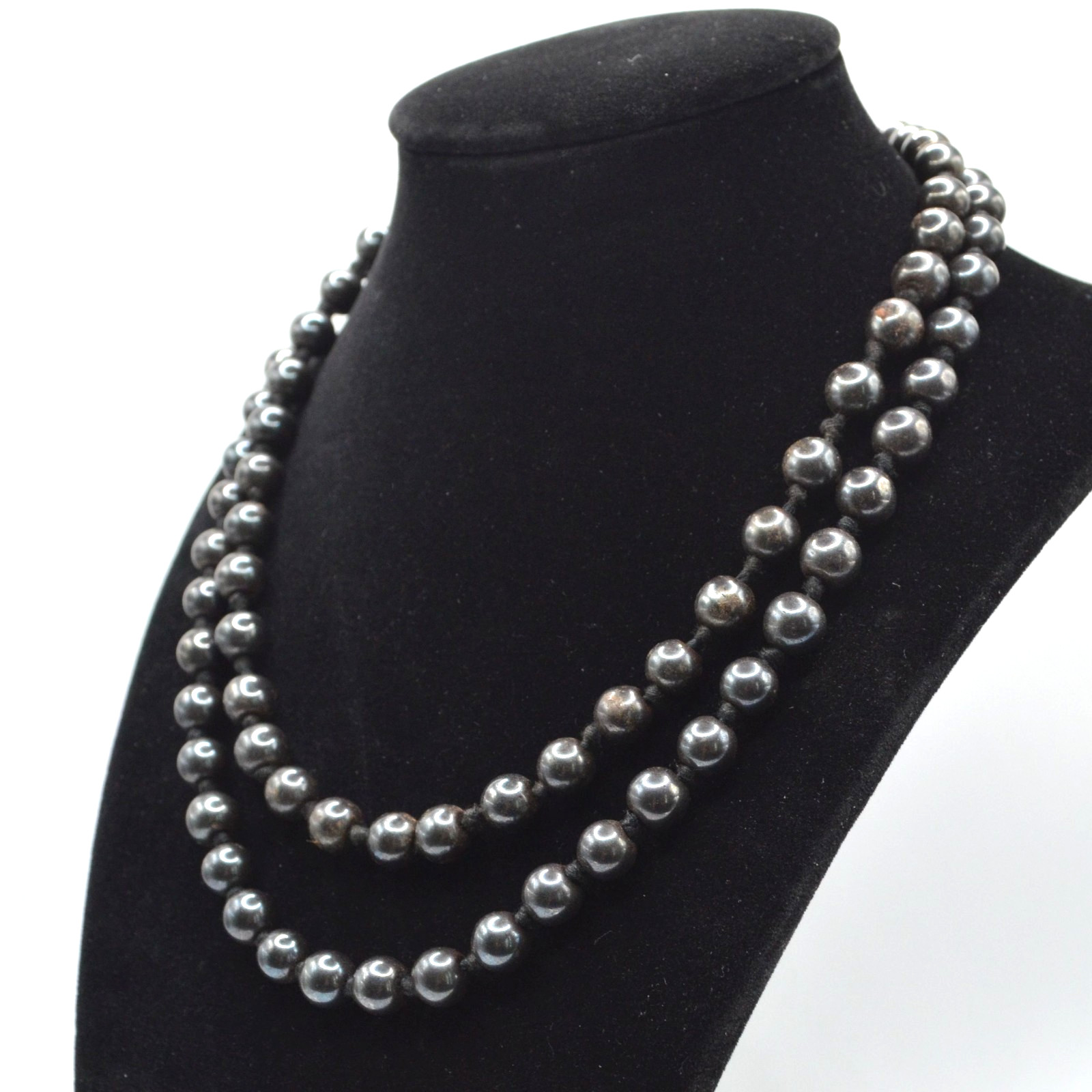 Long Black Jade Bead Necklace 35in Rope Hand-Knotted Strand Genuine Jadeite